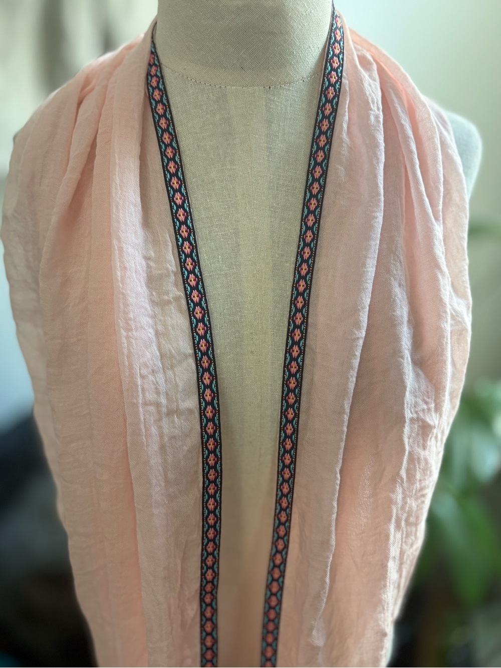 2 Chic Lightweight Pink Scarf with Navy Embroidered Trim